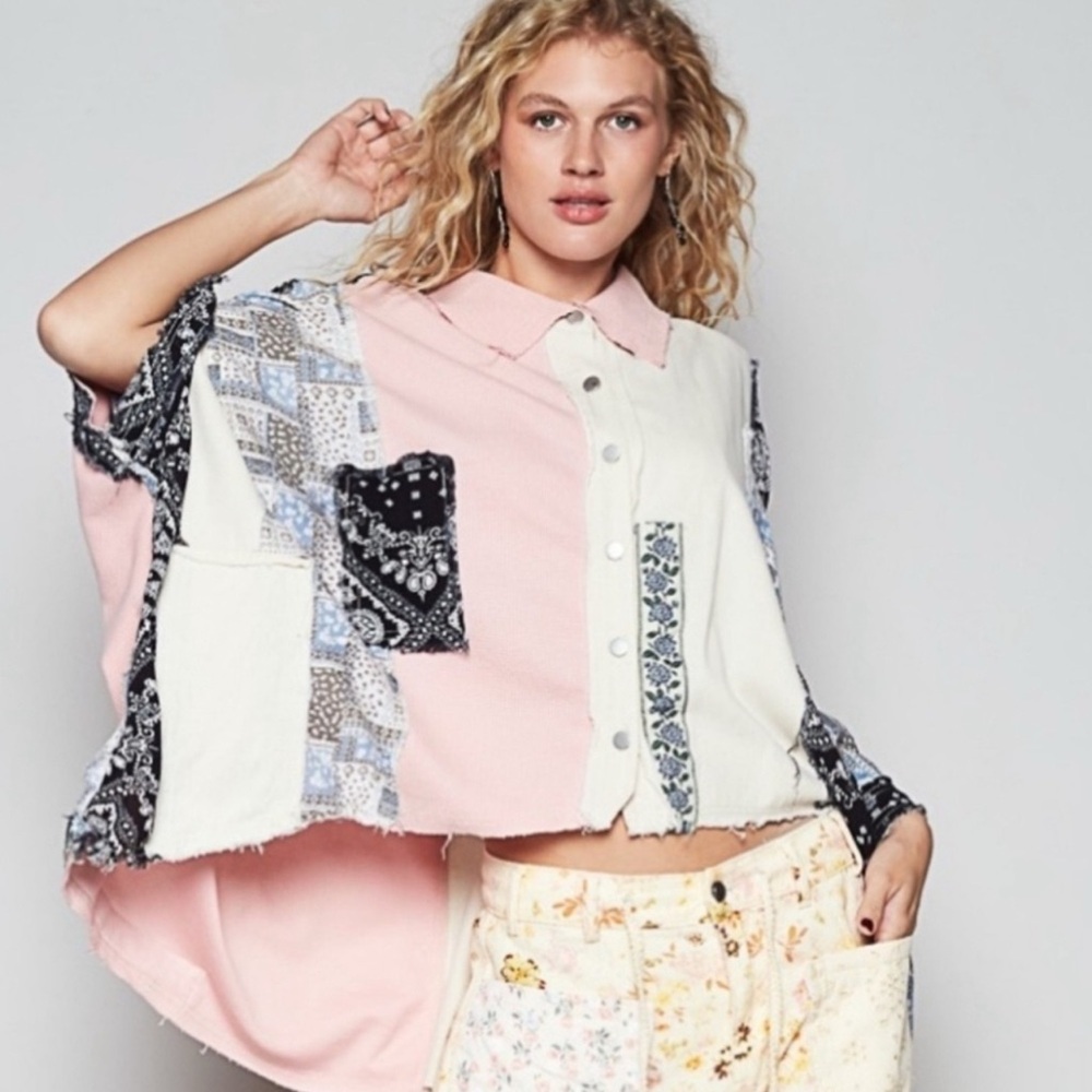 Pol Patchwork Chambray Printed Top Button Down Ov… - image 4
